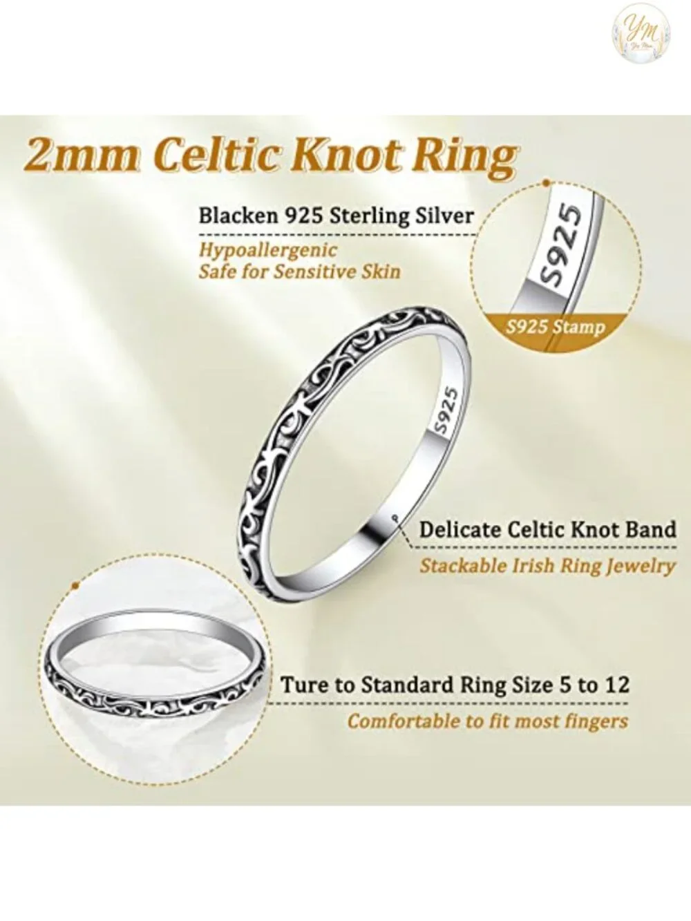 Suplight S925 Sterling Silver Celtic Knot/Evil Eye/Infinity Symbol Band Ring,